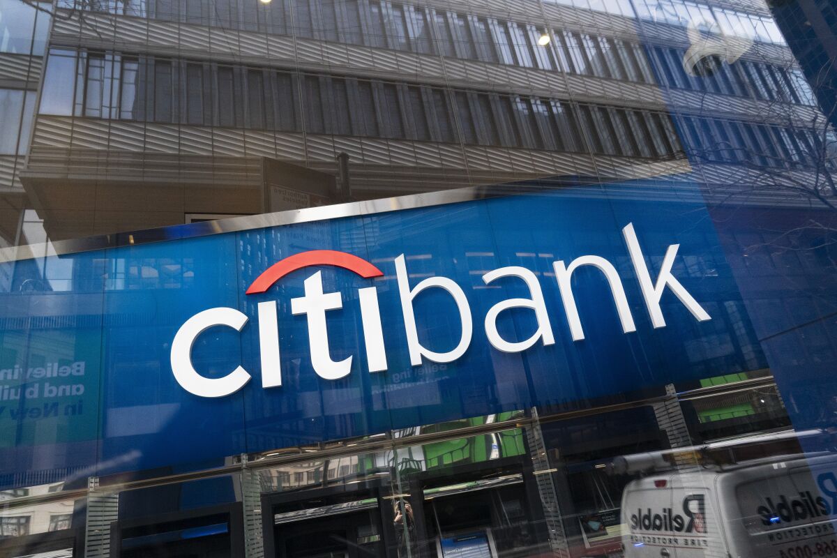 FILE - A Citibank office in New York is shown in this Wednesday, Jan. 13, 2021, file photo. Citigroup profits jumped more than five fold from a year earlier, helped by the improving economy which resulted in fewer bad loans on the bank’s balance sheet. The New York-based bank said Wednesday, July 14, it earned $6.19 billion, or $2.85 a share. That’s up from a profit of $1.06 billion, or 38 cents a share, in the same period a year earlier. (AP Photo/Mark Lennihan, File)