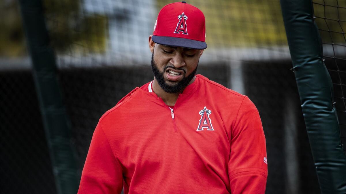 Angels outfielder Jo Adell exits the batting cage during a spring workout last month in Tempe, Ariz.