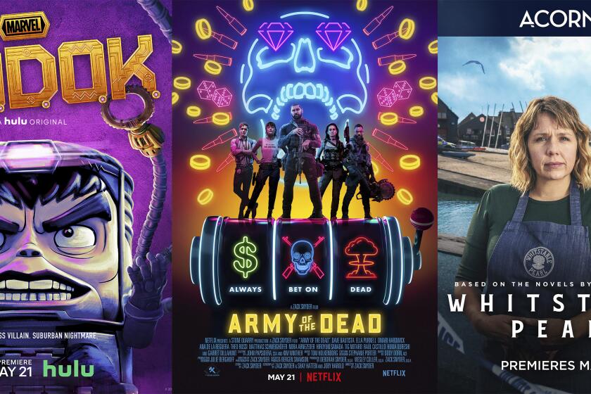 En esta combinación de fotos, el arte promocional de "Marvel's M.O.D.O.K.", que se estrena el 21 de mayo en Hulu; "Army of the Dead", que debuta el 21 de mayo en Netflix, y "Whitstable Pearl", una serie original de Acorn TV que se estrena el 24 de mayo. (Hulu/Netflix/Acorn TV vía AP)