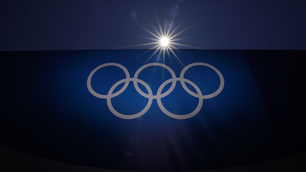 The Olympic rings are seen at Yokohama Baseball Stadium.