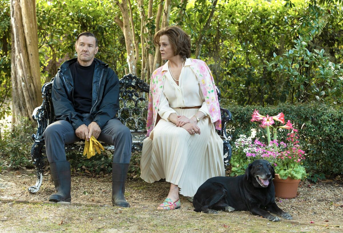 A man and a woman sit outdoors in a garden, a black dog at her feet.