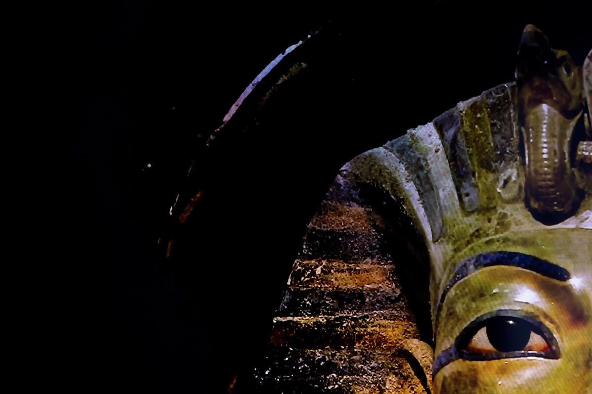 A digital image of King Tutankhamun's gold funerary mask in "Beyond King Tut."