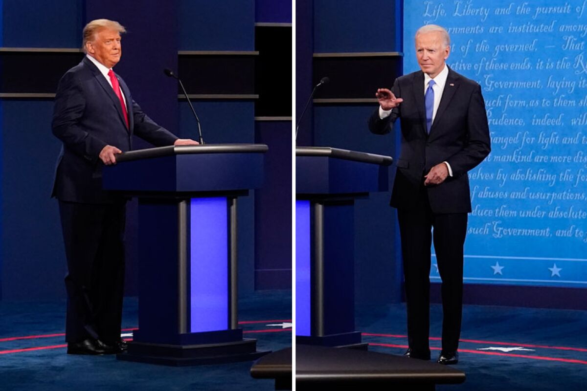 Diptych shows President Trump and Joe Biden standing near their lecterns on the debate stage
