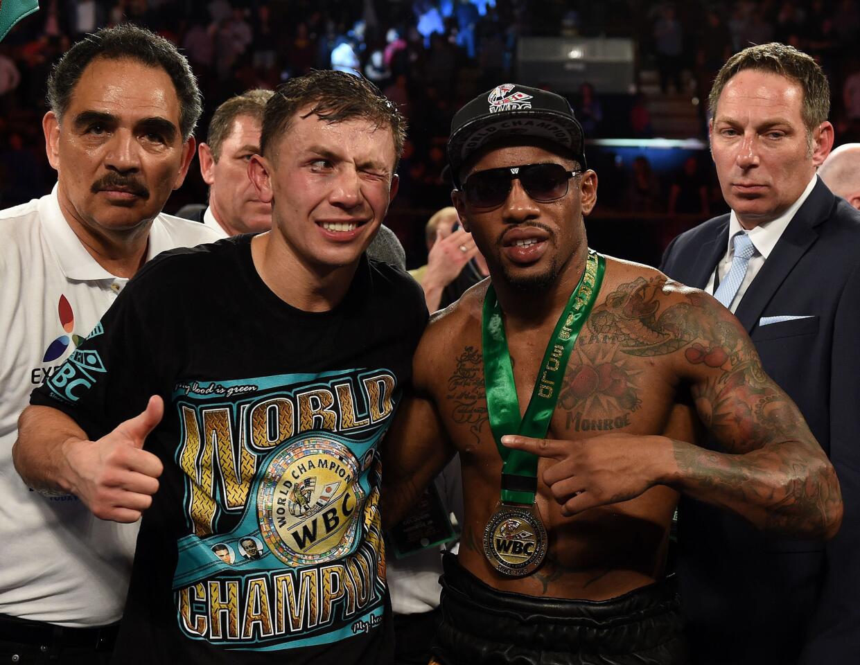 Apparently there were no hard feelings between Willie Monroe Jr., right, and Gennady Golovkin, who knocked out Monroe in the sixth round of their middleweight title bout May 16, 2015 at the Forum.