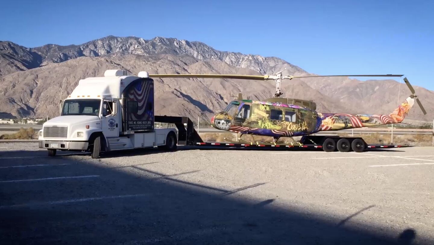The body of the Huey helicopter used for the artwork was sitting in an Arizona scrapyard.