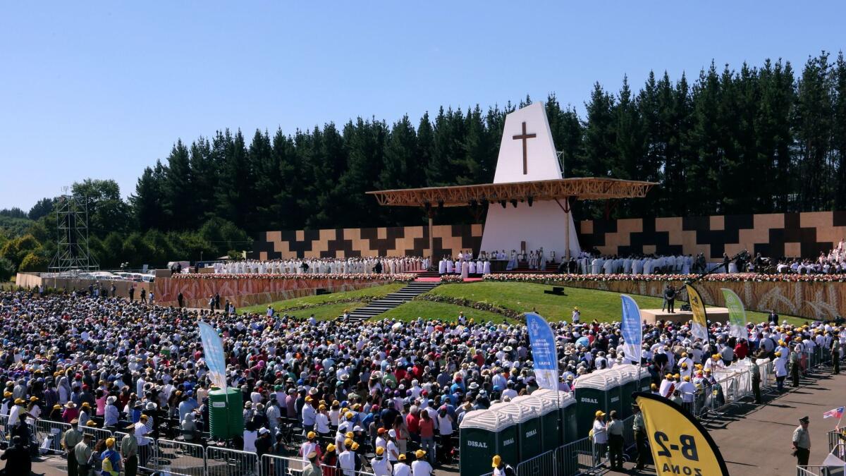 The Mass at an airfield in Temuco, Chile, on Wednesday featured various indigenous themes.