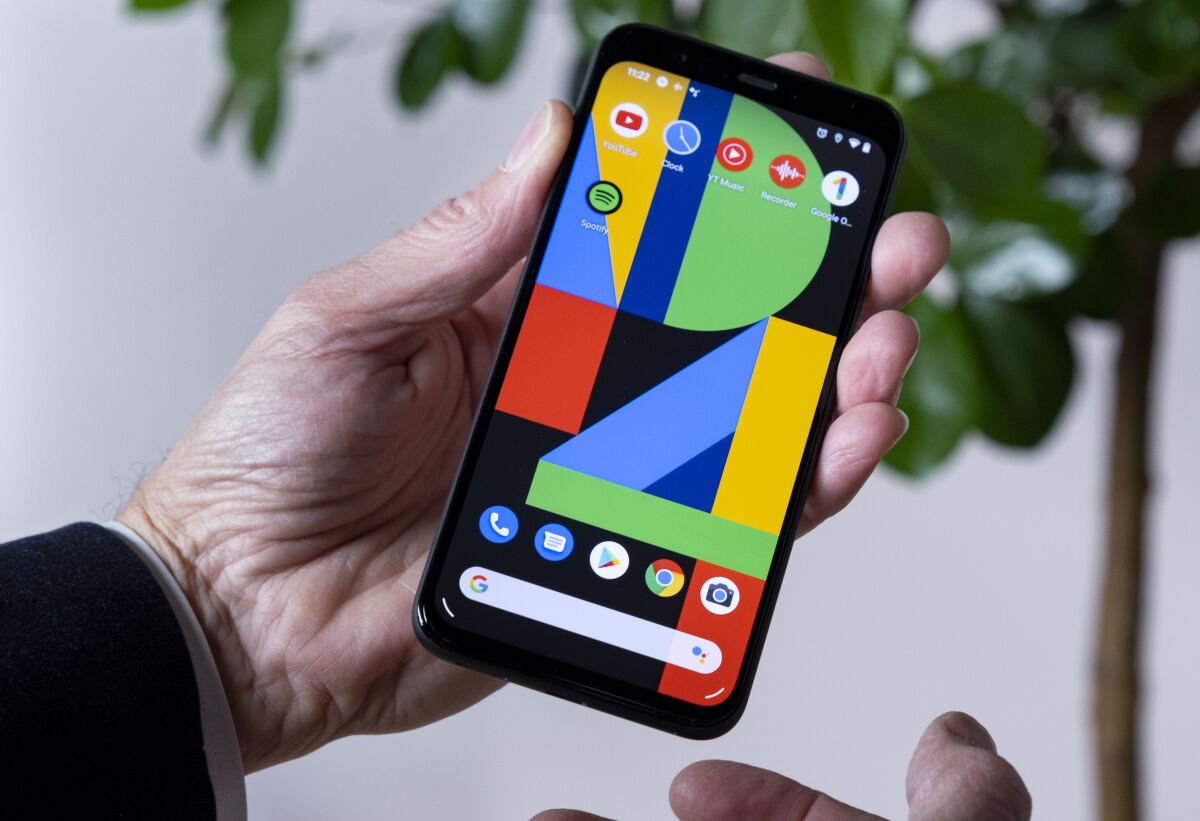 A Google Pixel 4 phone is displayed at an event announcing the product in New York.
