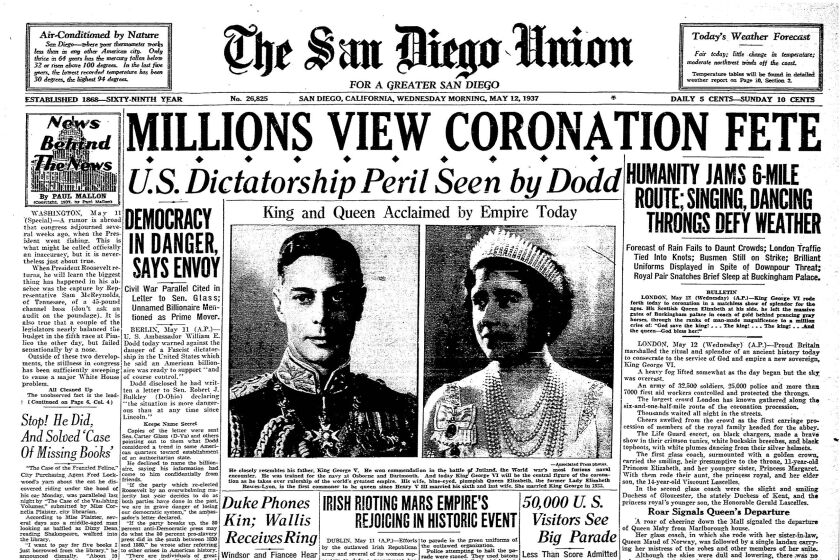 "Millions View Coronation Fete," headline tops the front page of The San Diego Union, Wednesday, May 12, 1937.