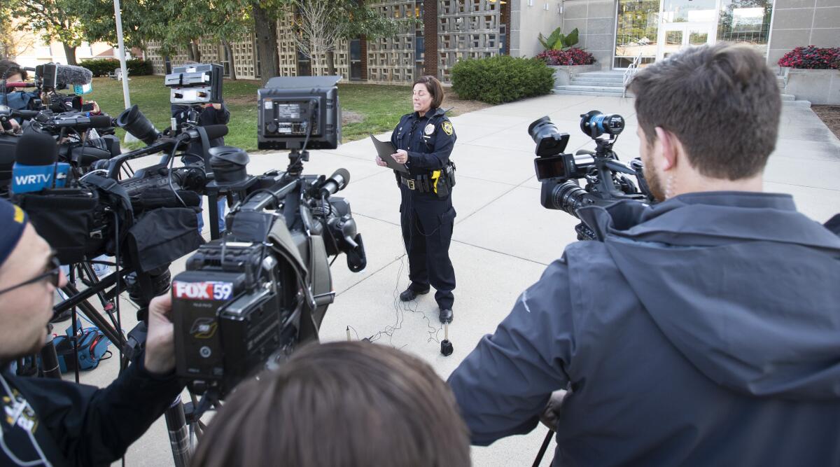 Purdue University Police Chief Lesley Wiete addresses the media during a press conference following the murder of Purdue student Varun Manish Chheda, Wednesday, Oct. 5, 2022, at McCutcheon Hall in West Lafayette, Ind. (Alex Martin/Journal & Courier via AP)