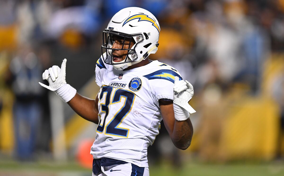 Chargers running back Justin Jackson celebrates a play against the Chiefs on Dec. 2, 2018.