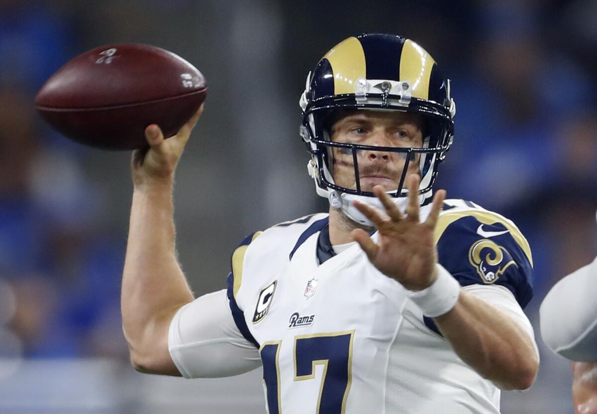 Rams quarterback Case Keenum throws against Detroit on Oct. 16.