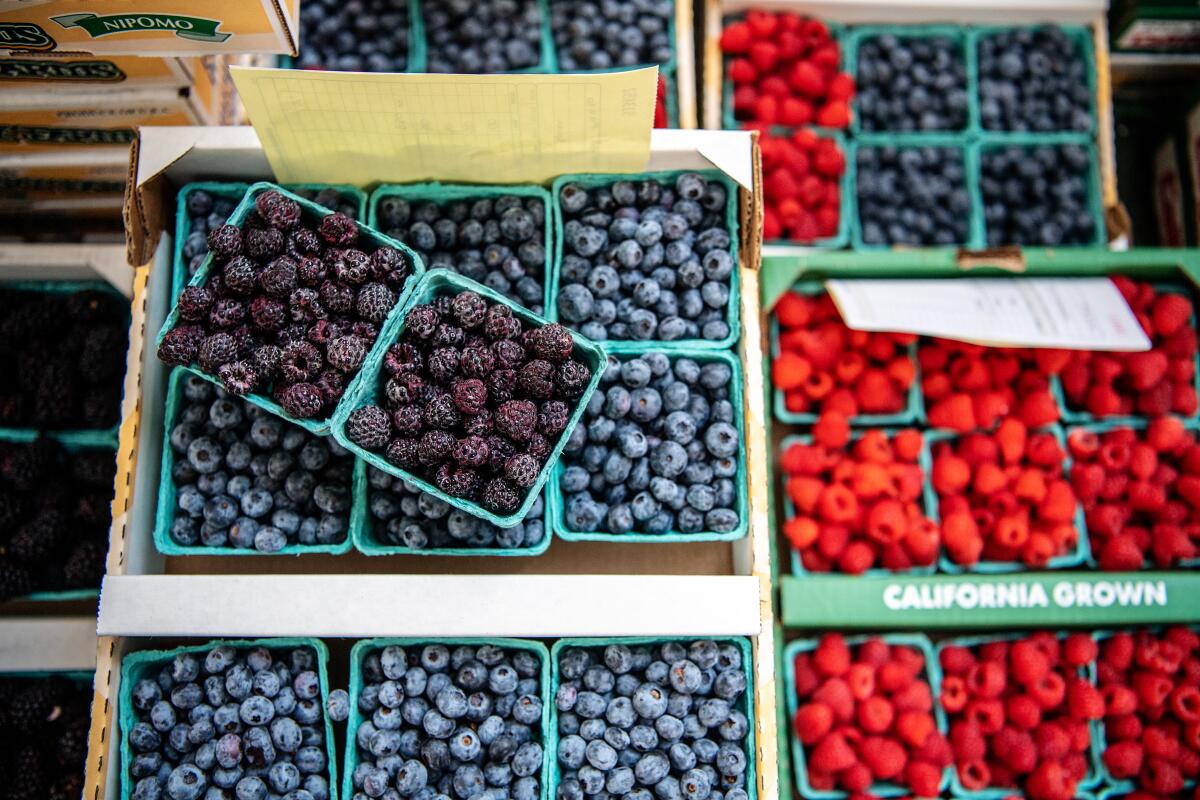 Blackberries, blueberries and raspberries at a stand at the Santa Monica Farmers Market.