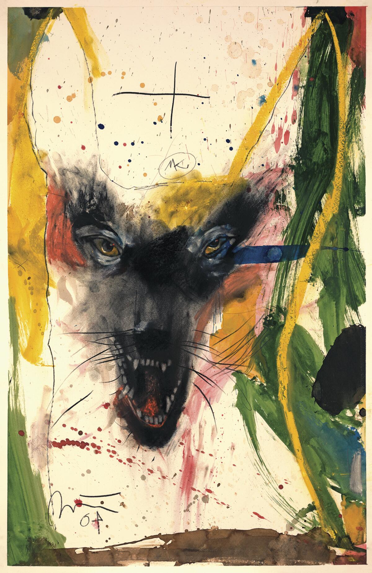 A stormy painting shows the dark face of a canine amid tumultuous splashes of color