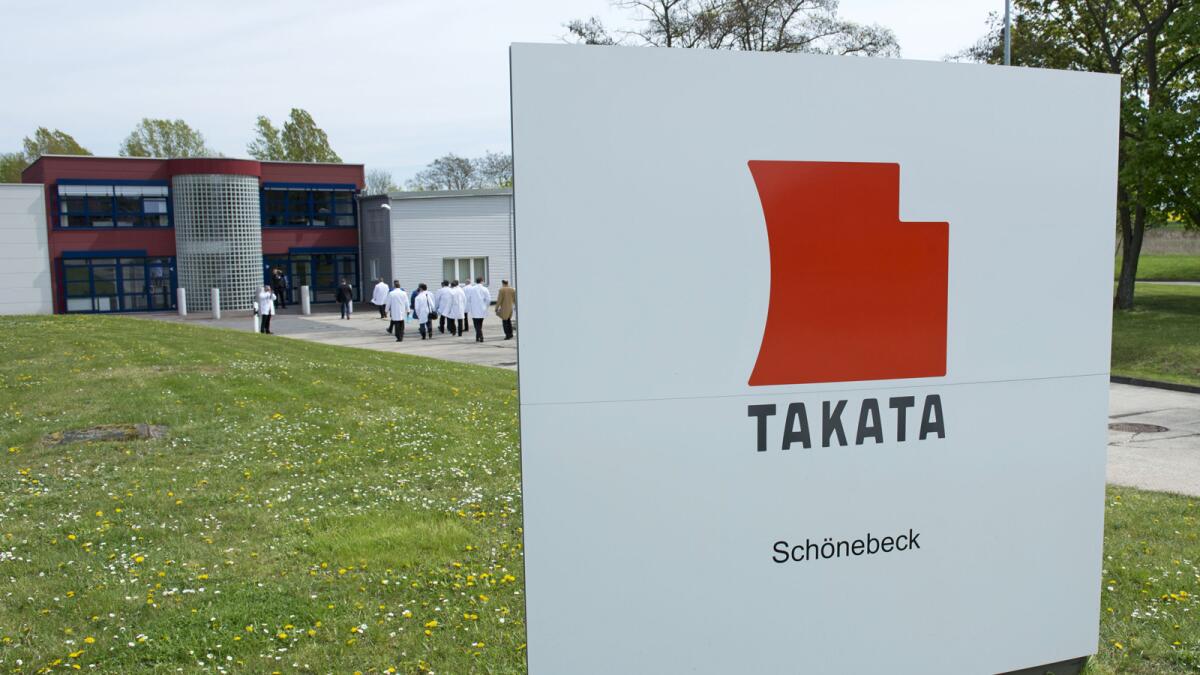 A production facility for international automotive supplier Takata Ignition Systems GmbH in Schoenebeck, Germany, is shown. U.S. safety regulators want automakers and Takata Corp. to expand nationwide the recall of vehicles with problematic air bags.