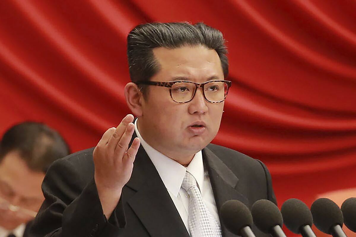 FILE - In this photo taken during Dec. 27 - Dec. 31, 2021 and provided on Jan. 1, 2022 by the North Korean government, North Korean leader Kim Jong Un attends a meeting of the Central Committee of the ruling Workers' Party in Pyongyang, North Korea. North Korea fires projectile into sea in the fourth launch this month, South Korea says on Monday, Jan. 17, 2022. Independent journalists were not given access to cover the event depicted in this image distributed by the North Korean government. The content of this image is as provided and cannot be independently verified. (Korean Central News Agency/Korea News Service via AP)