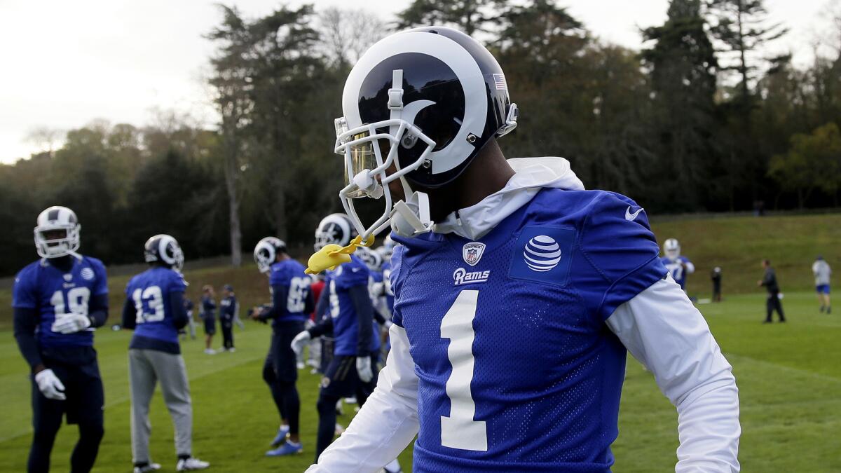Rams receiver Tavon Austin warms up during a training session at Pennyhill Park Hotel in Bagshot, England.