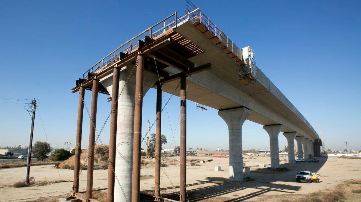 An elevated section of high-speed rail track is under construction in Fresno on Dec. 6, 2017.