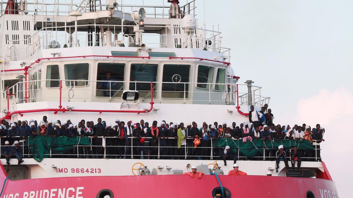 The Italian rescue ship Vos Prudence run by Doctor Without Borders arrives in the port of Salerno on July 14 carrying 935 migrants rescued from the Mediterranean Sea.