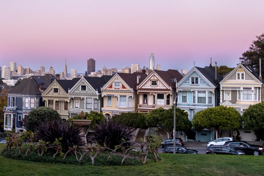 The "Painted Ladies" Victorian homes are seen at sunset in San Francisco, California, United States on October 18, 2021. The median sale price for a San Francisco Bay Area home in August 2021 is $1.26 million. (Photo by Yichuan Cao/Sipa USA)(Sipa via AP Images)