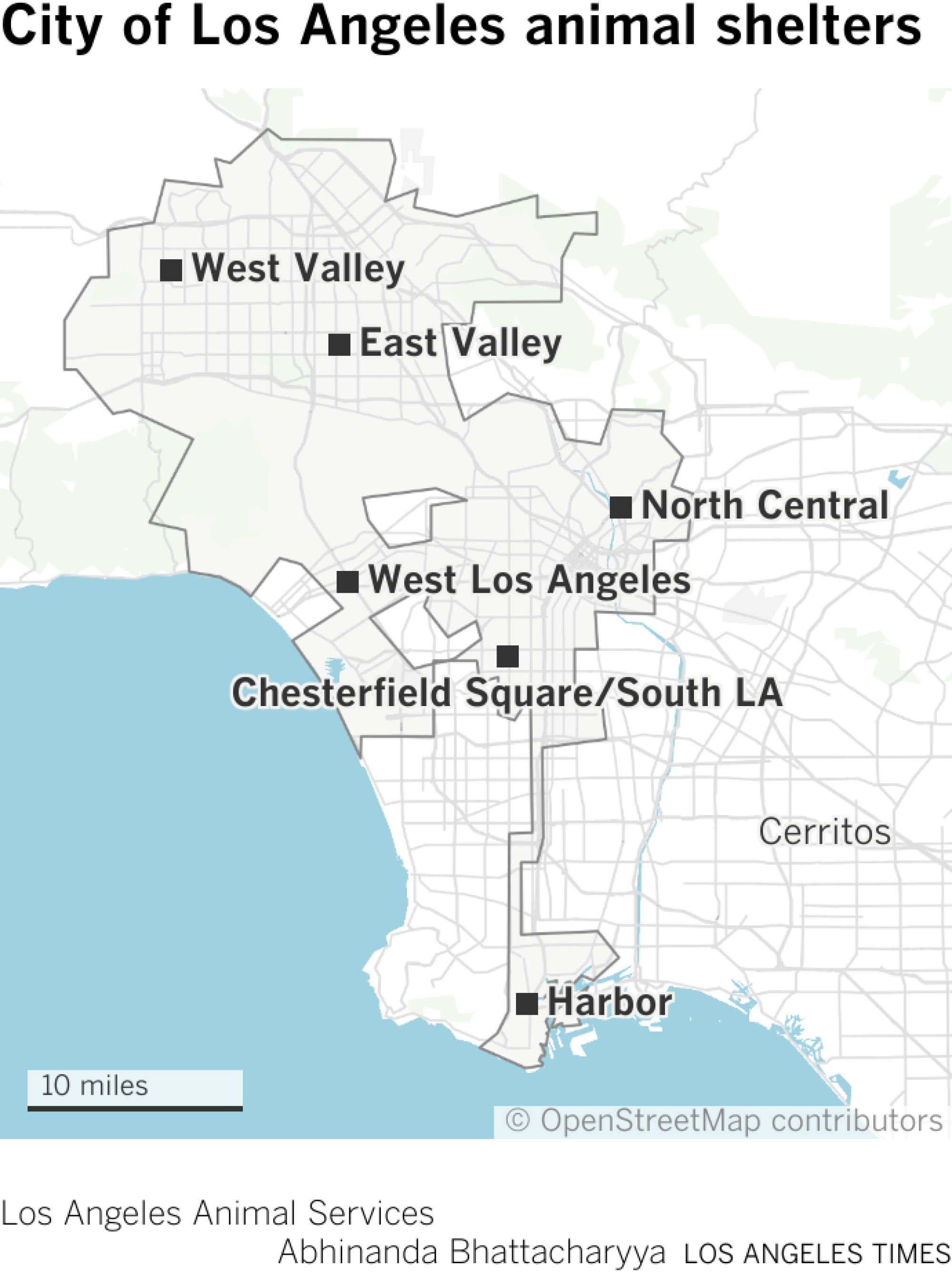 A map showing the six City of Los Angeles animal care shelters. 