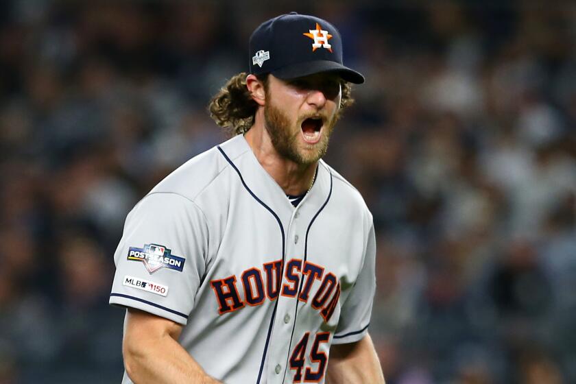 NEW YORK, NEW YORK - OCTOBER 15: Gerrit Cole #45 of the Houston Astros celebrates retiring the side during the sixth inning against the New York Yankees in game three of the American League Championship Series at Yankee Stadium on October 15, 2019 in New York City. (Photo by Mike Stobe/Getty Images)