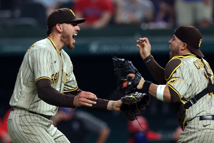Joe Musgrove celebrates a no-hitter with Victor Caratini on April 9. This was the first no-hitter in franchise history.