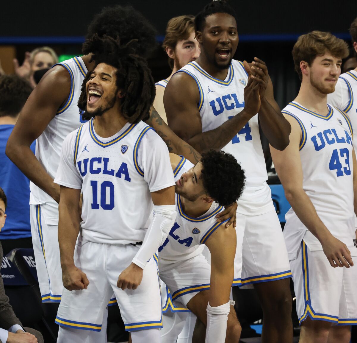 UCLA Bruins guard Tyger Campbell (10) celebrates a 75-59 win over the Arizona Wildcats at Pauley Pavilion.