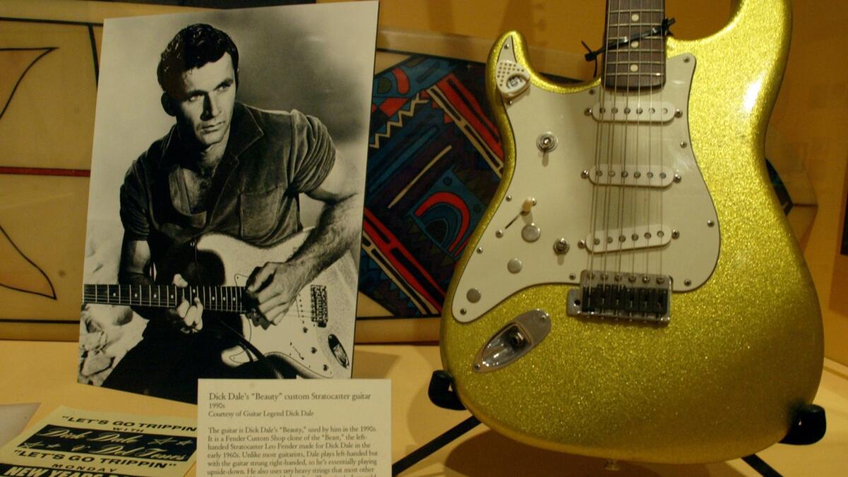 An early publicity photo of Dick Dale and his "Beauty" custom Fender Stratocaster guitar were part of a 2004 exhibit in Fullerton on Orange County rock 'n' roll history.