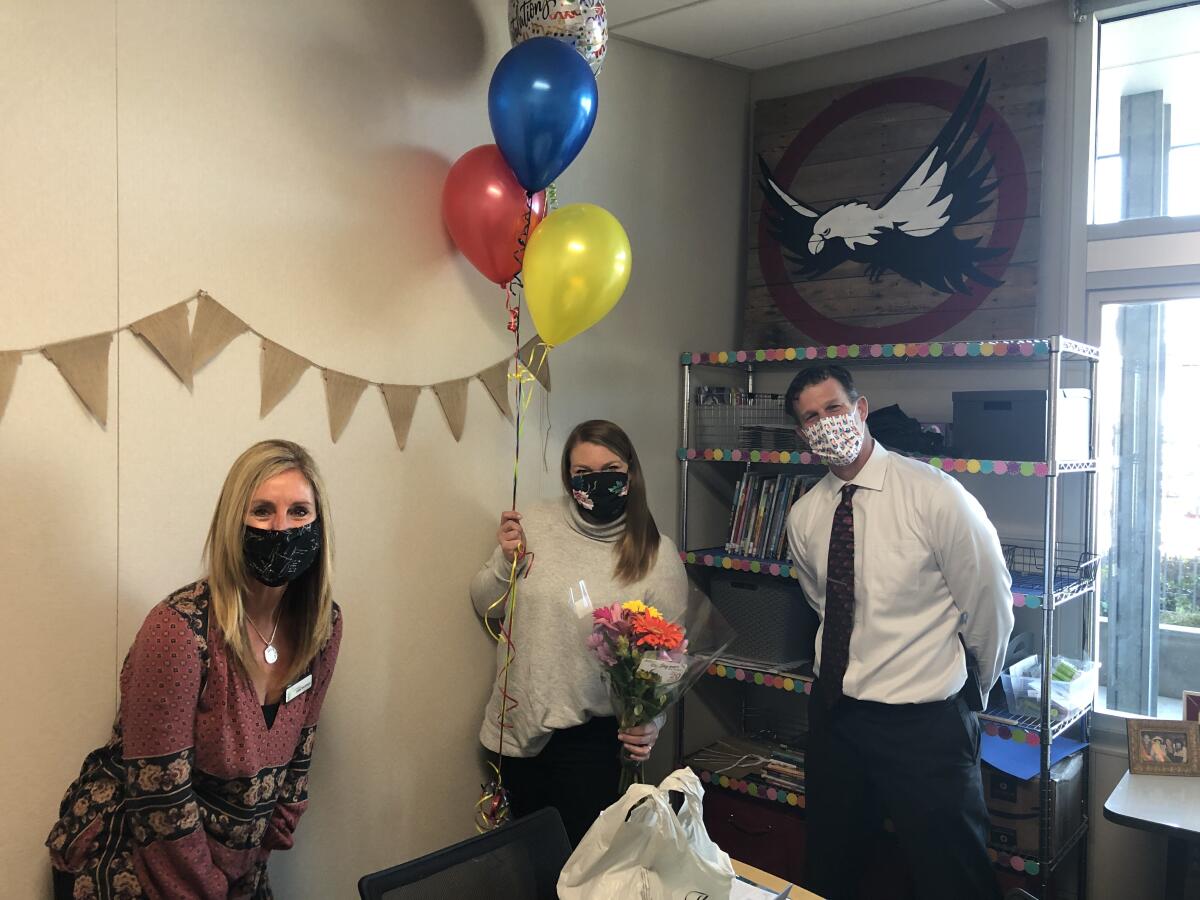 Superintendent Jodee Brentlinger and Solana Ranch Principal Jerry Jones with 2021 Teacher of the Year Dawn Butler.