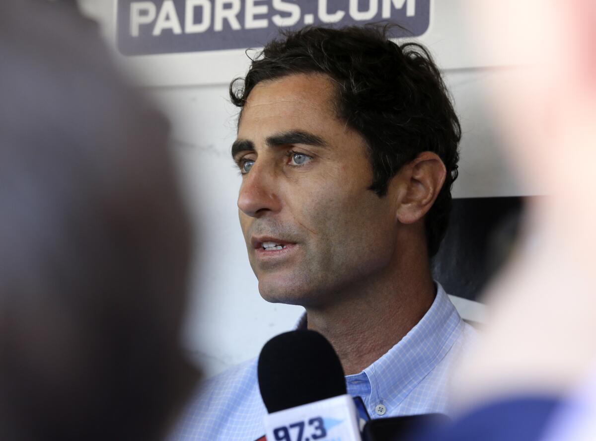 Padres General Manager A.J. Preller speaks to the media shortly after manager Andy Green was fired Saturday.
