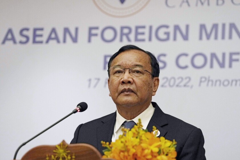 FILE - Cambodian Foreign Minister Prak Sokhonn holds a press conference after the Association of Southeast Asian Nations (ASEAN) session of ASEAN foreign ministers' retreat in Phnom Penh, Cambodia, on Feb. 17, 2022. Cambodia’s foreign minister arrived in Myanmar on Wednesday, June 29, on his second visit as a special envoy of the Association of Southeast Asian Nations to the country, which has been mired in violence and civil unrest since the military seized power last year. (AP Photo/Heng Sinith, File)