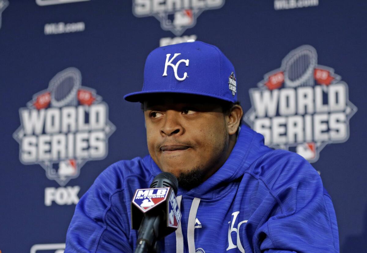 Edinson Volquez talks to the media after being named the Royals starting pitcher for Game 1 of the World Series against the Mets.