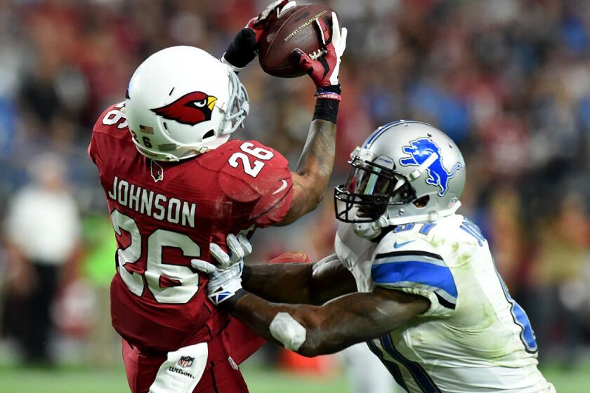 Cardinals safety Rashad Johnson intercepts a pass intended for Lions wide receiver Calvin Johnson in the third quarter Sunday at University of Phoenix.