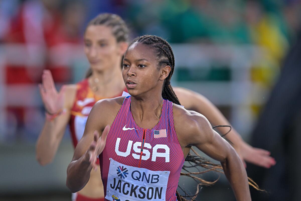Shawnti Jackson competes in the 100 meters at the World Athletics U20 Championships last summer.