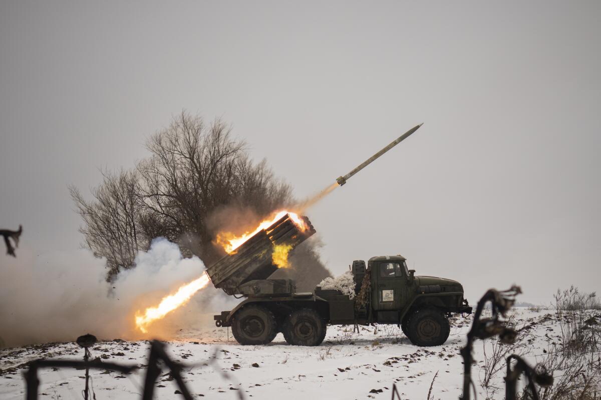 Ukrainian military fires from a multiple rocket launcher at Russian positions in the Kharkiv area, Ukraine. 