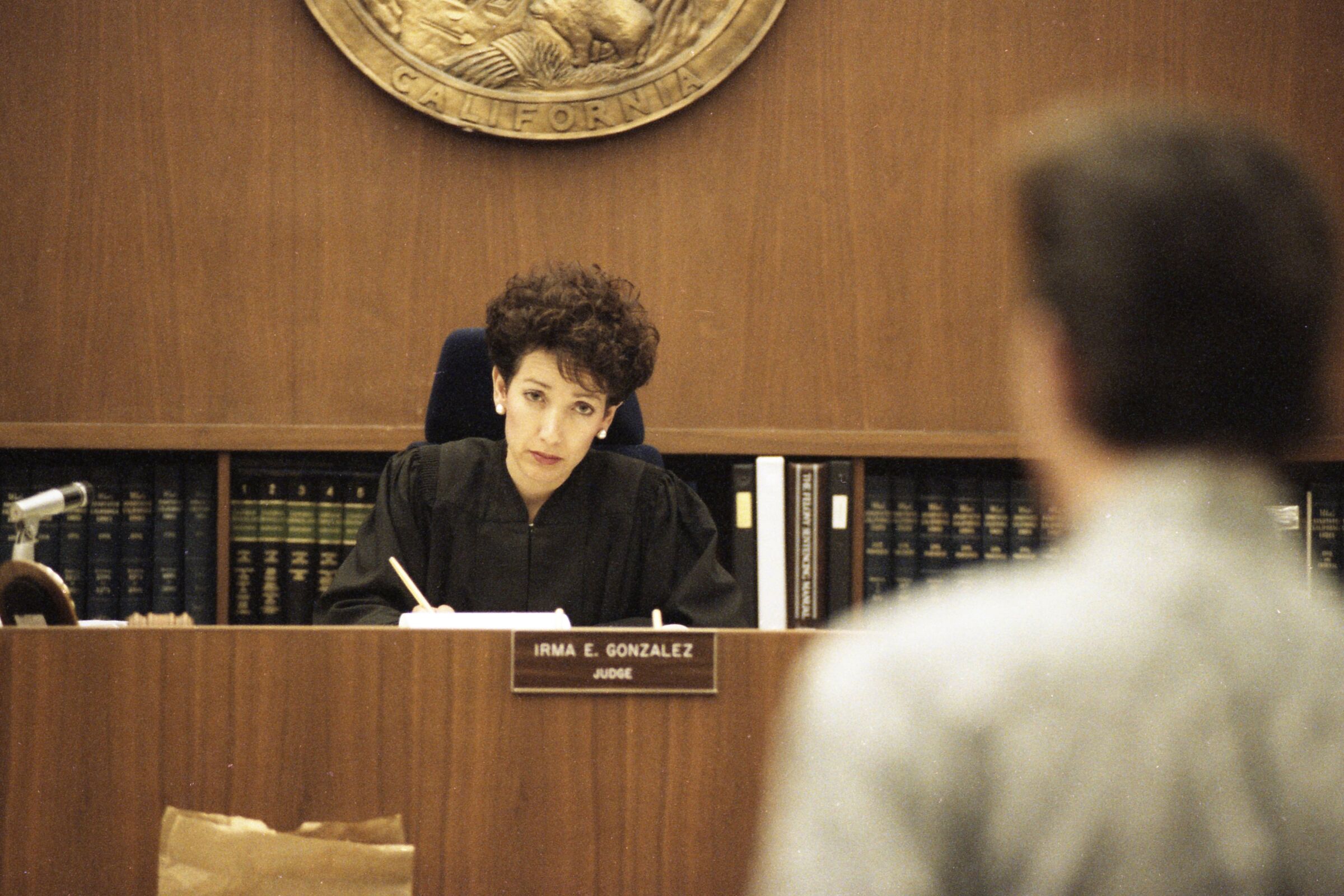 Superior Court Judge Irma Gonzalez listens to testimony during a mock trial on April 23, 1992. 