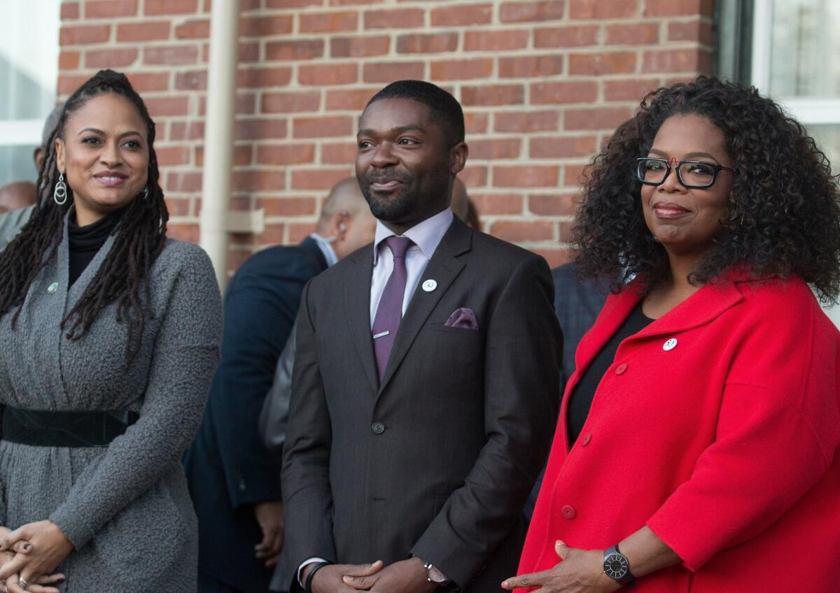 "Selma" director Ava DuVernay, actor David Oyelowo and producer-actress Oprah Winfrey participate in the ceremony to commemorate the life of Martin Luther King Jr. on Jan. 18, 2015 in Selma, Ala.
