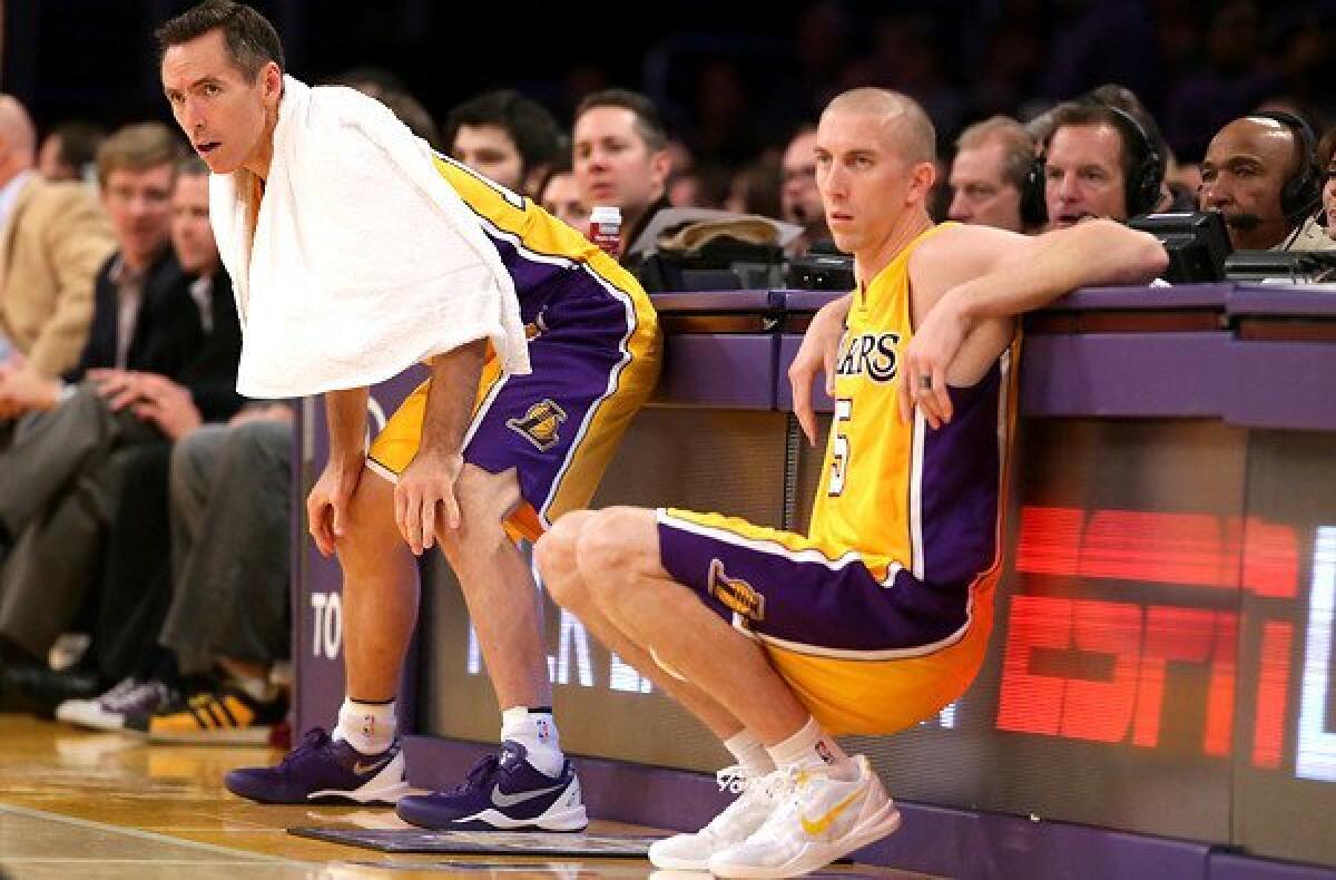 Lakers point guard Steve Nash, left, is sitting out against Golden State, so Steve Blake, right, got the start.