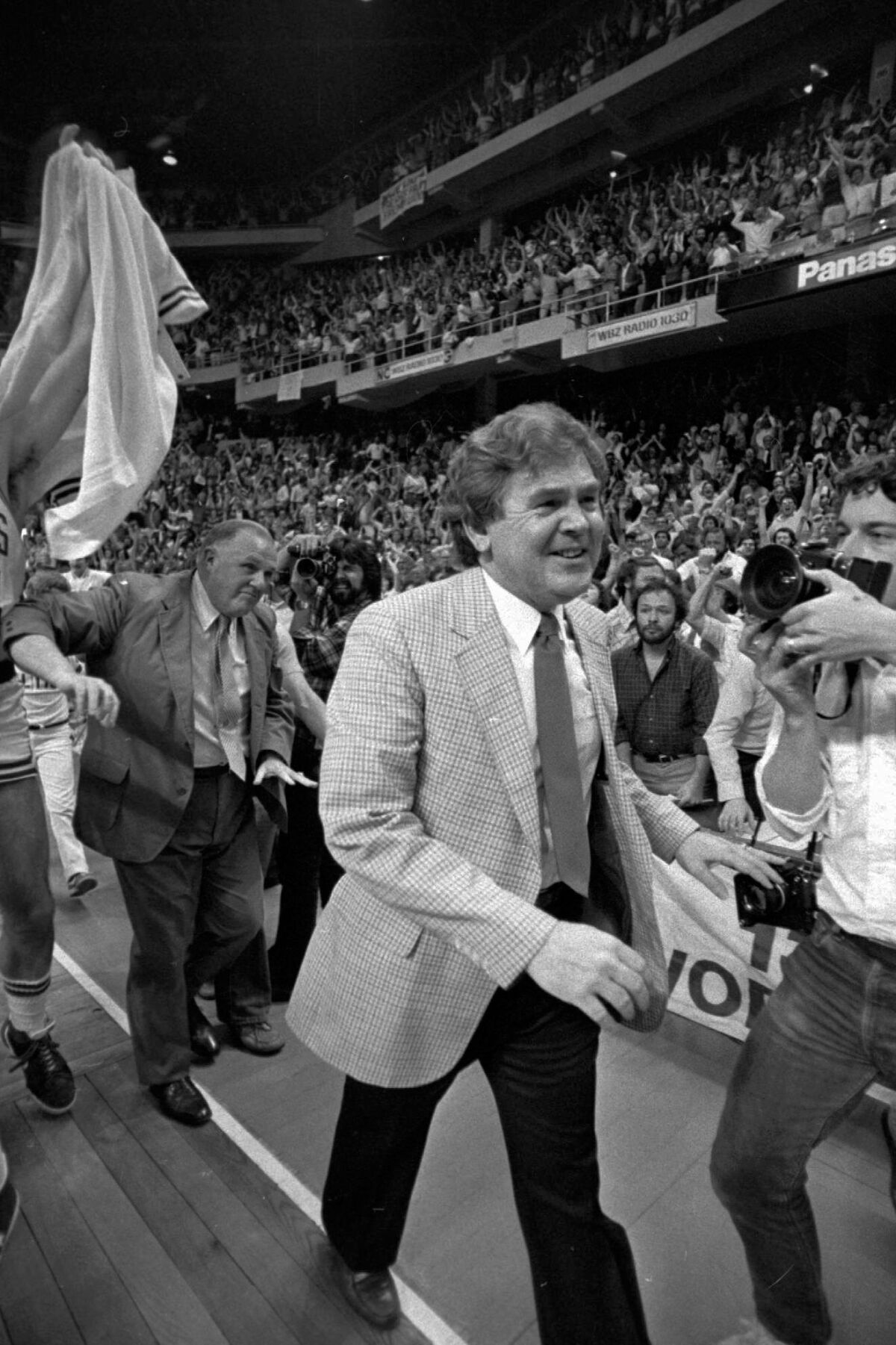 Bill Fitch reacts after the Boston Celtics defeated the Philadelphia 76ers to win the Eastern Conference finals in 1981.