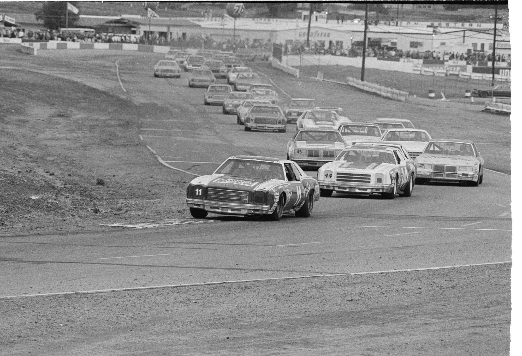 Darrell Waltrip leads the field during the The Winston Western 500 at Riverside International Raceway in January 1981.