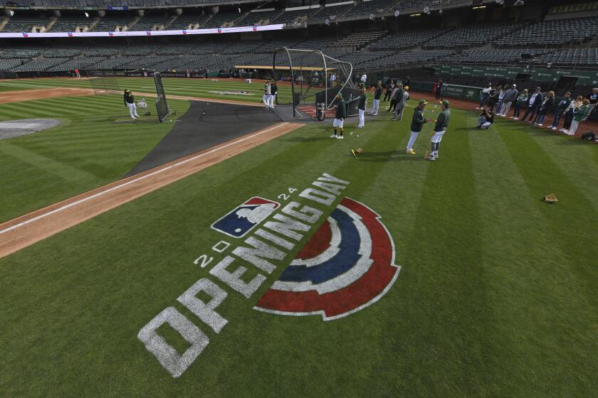 The Oakland Athletics take batting practice before opening day baseball game at the Coliseum in Oakland, Calif., on Thursday, March 28, 2024. (Jose Carlos Fajardo/Bay Area News Group via AP)