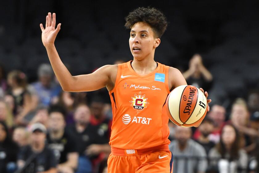 LAS VEGAS, NEVADA - JUNE 02: Layshia Clarendon #23 of the Connecticut Sun sets up a play against the Las Vegas Aces during their game at the Mandalay Bay Events Center on June 2, 2019 in Las Vegas, Nevada. The Sun defeated the Aces 80-74. NOTE TO USER: User expressly acknowledges and agrees that, by downloading and or using this photograph, User is consenting to the terms and conditions of the Getty Images License Agreement. (Photo by Ethan Miller/Getty Images )
