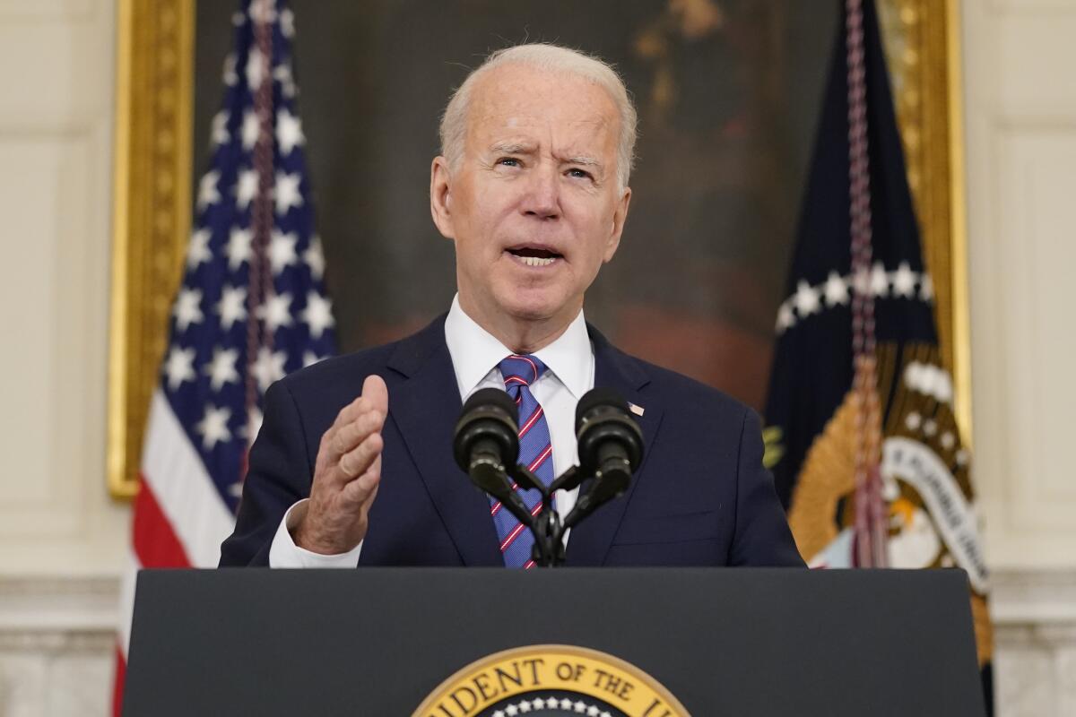 President Joe Biden speaks about the March jobs report in the State Dining Room of the White House, Friday, April 2, 2021, in Washington. (AP Photo/Andrew Harnik)