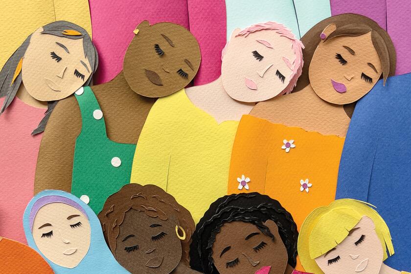 Cut paper illustration of diverse women leaning on each other for support