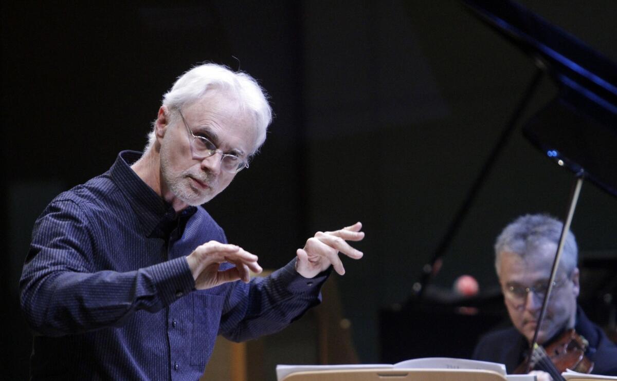 Composer-conductor John Adams leads the Los Angeles Philharmonic's New Music Group in a performance of his "Son of Chamber Symphony," part of a Green Umbrella program on Feb. 26, 2013. Adams is the Philharmonic's creative chairman.