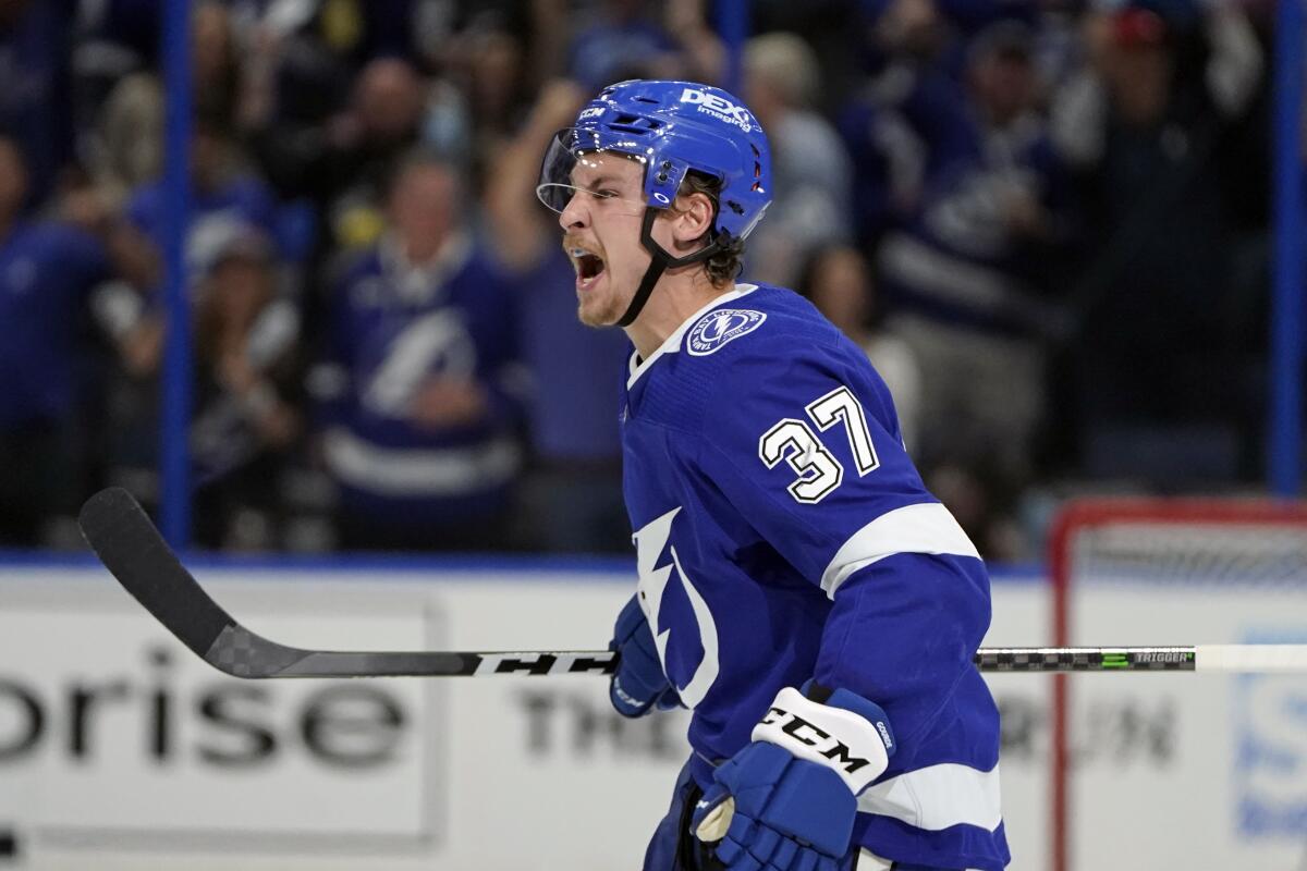 The Lightning's Yanni Gourde is pumped up after scoring a goal against the Islanders on June 25, 2021.