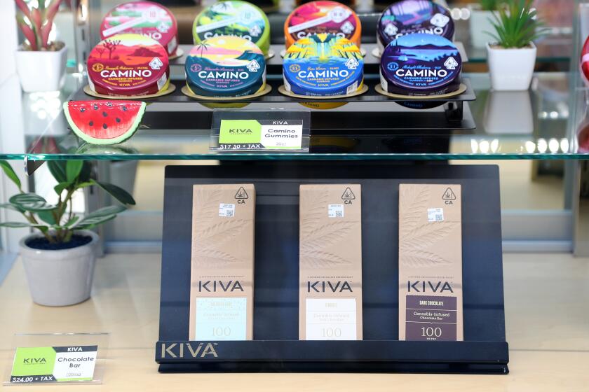 Cannabis edibles by Kiva include chocolate bars and gummies at the newly opened 420 Central Newport Mesa store in Costa Mesa. (Kevin Chang / Daily Pilot)