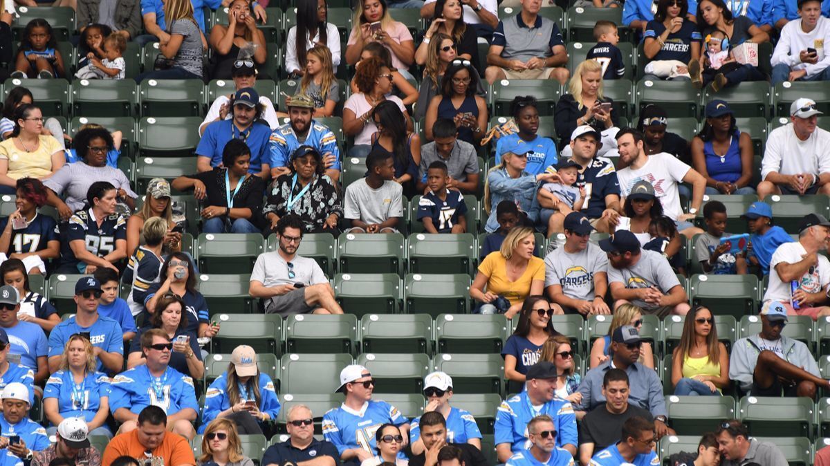 Fans sit around empty seats in the fourth quarter during a game between the Chargers and Miami Dolphins at the StubHub Center in Carson Sunday.