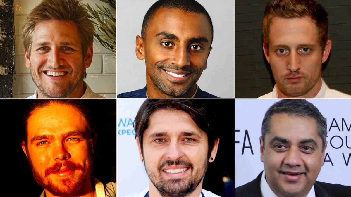 Among the chefs who will be cooking at the Desert Trip music festival will be, top row, from left, Curtis Stone, Marcus Samuelsson and Michael Voltaggio, and, bottom row, from left, Phillip Frankland Lee, Ludo Lefebvre and Michael Mina.