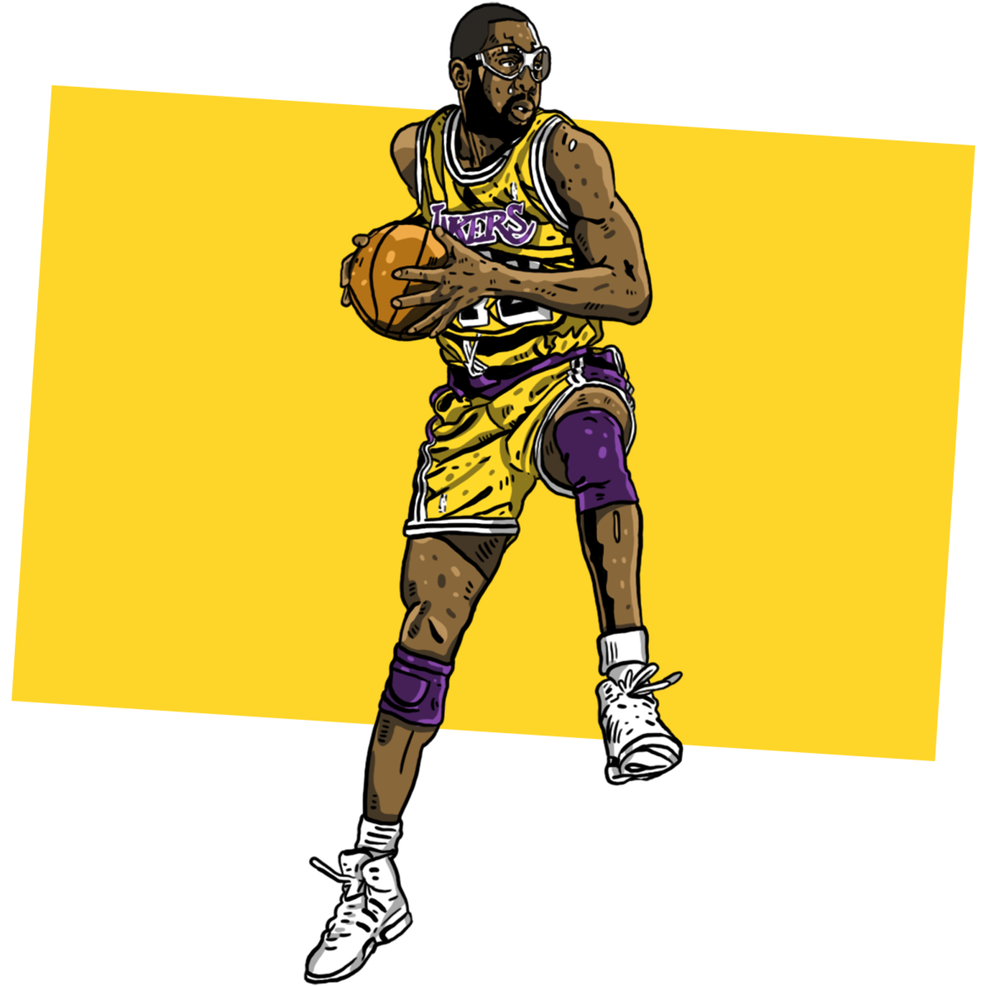 Illustration of James Worthy in a yellow jersey jumping up with a ball in both hands.